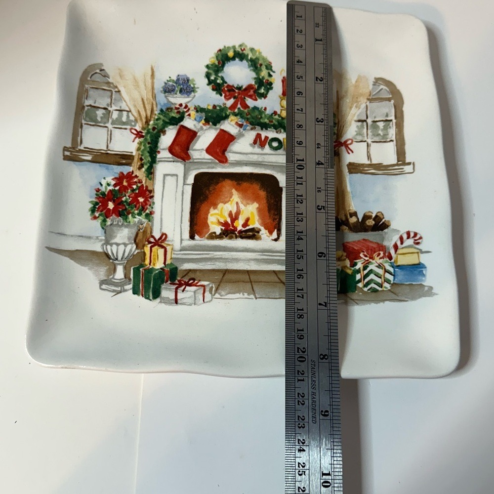 Maxcera Christmas Fireplace Noel Square Ceramic Salad Appetizer Plate 8.5 Inch - Picture 4 of 4